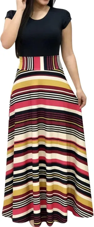 GOKKILRW Maxi Dresses for Women Wedding Guest High Waist Party Evening Maxi Dress Casual Loose Short Sleeve Beach Dresses