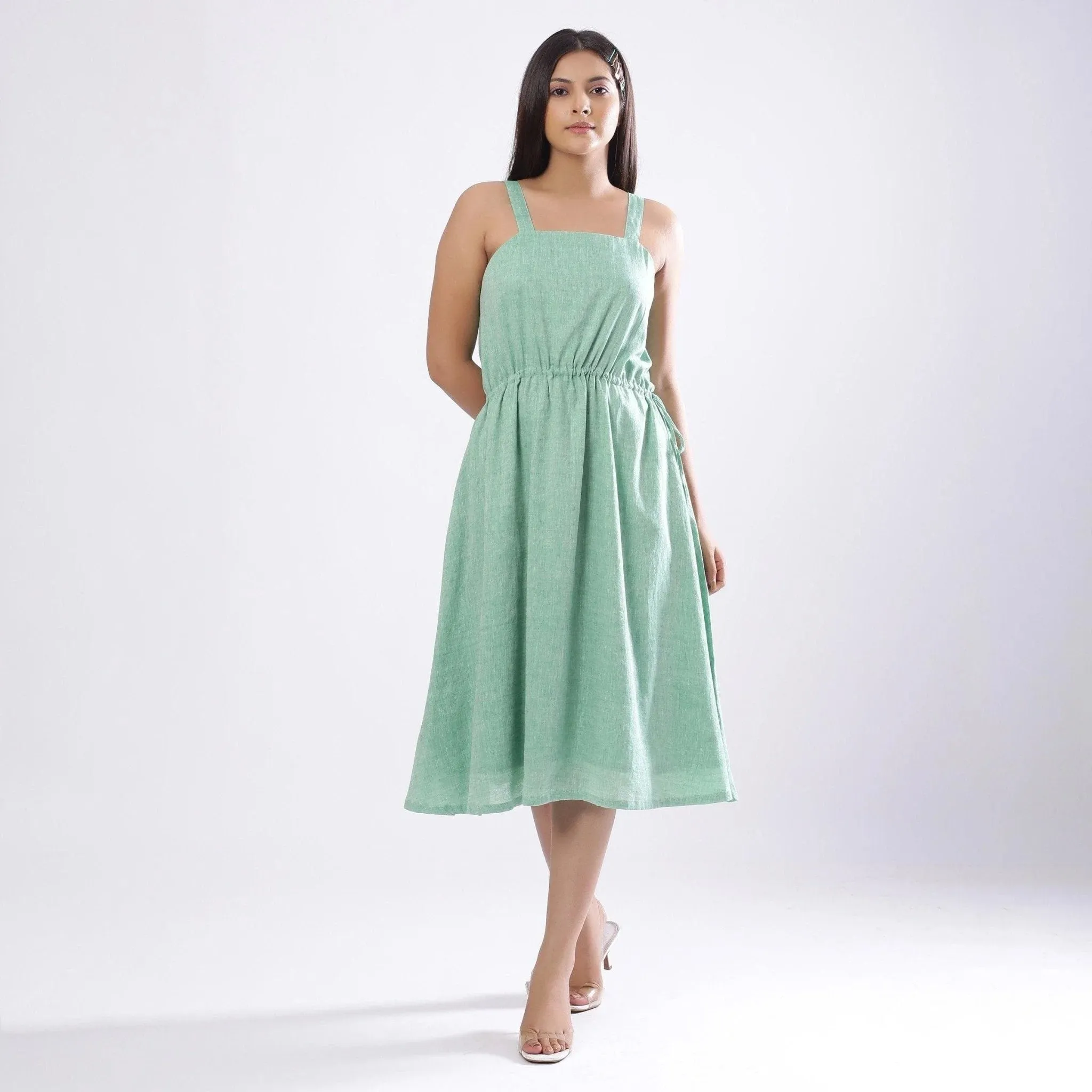 Green Cotton Muslin Strappy Circular Midi Dress
