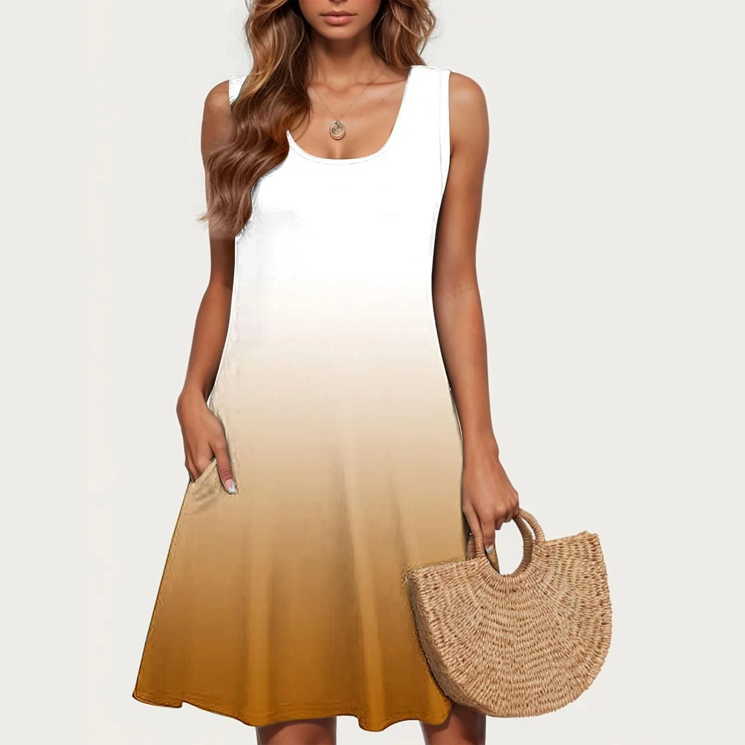 hlysgo Coverup Dresses for Women Summer Casual Sleeveless Crew Neck Mini Dress Trendy Gradient Beach Sundress with Pockets