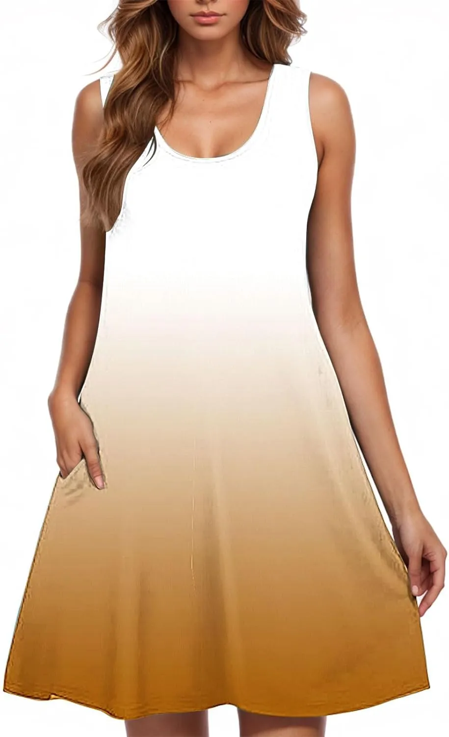 hlysgo Coverup Dresses for Women Summer Casual Sleeveless Crew Neck Mini Dress Trendy Gradient Beach Sundress with Pockets
