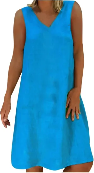 hlysgo Mini Dresses for Women 2025 Summer Plus Size Sleeveless V Neck Mini Dress Casual Loose Cotton Linen Beach Sundress