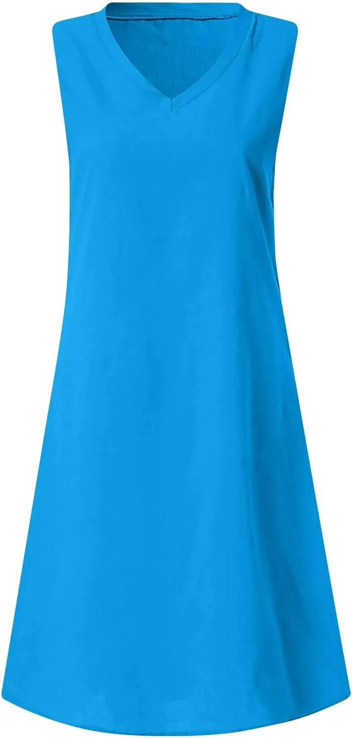 hlysgo Mini Dresses for Women 2025 Summer Plus Size Sleeveless V Neck Mini Dress Casual Loose Cotton Linen Beach Sundress