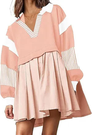 hlysgo Sweatshirt Dress Women Patchwork Long Sleeve Crewneck Pullover Dresses 2024 Fall Flowy Striped Sweatshirts Mini Dress