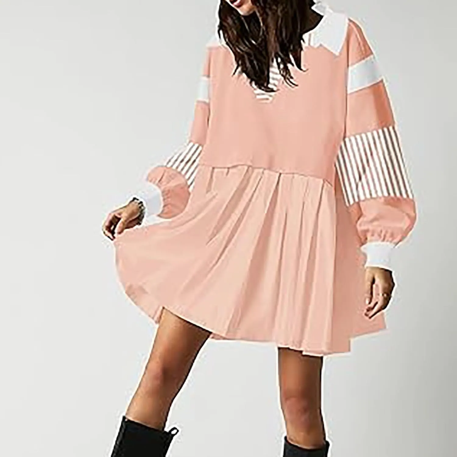 hlysgo Sweatshirt Dress Women Patchwork Long Sleeve Crewneck Pullover Dresses 2024 Fall Flowy Striped Sweatshirts Mini Dress