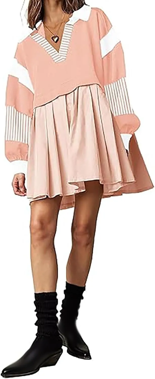 hlysgo Sweatshirt Dress Women Patchwork Long Sleeve Crewneck Pullover Dresses 2024 Fall Flowy Striped Sweatshirts Mini Dress