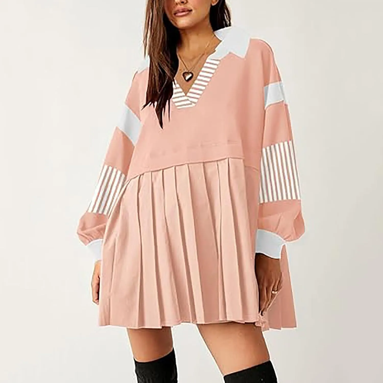 hlysgo Sweatshirt Dress Women Patchwork Long Sleeve Crewneck Pullover Dresses 2024 Fall Flowy Striped Sweatshirts Mini Dress