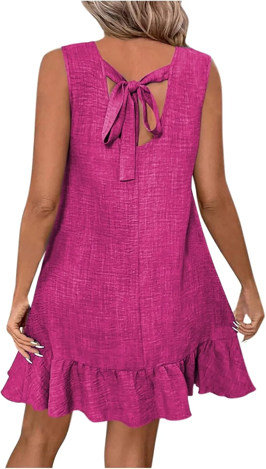 hlysgo Womens Summer Ruffle Mini Dress 2025 Trendy Sleeveless Tie Back Cute Dress Casual Boho Beach Sundresses