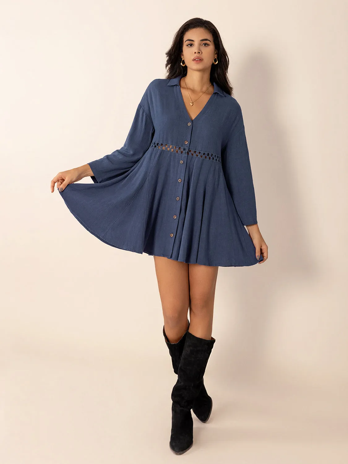 kesley Cutout Johnny Collar Long Sleeve Mini Dress