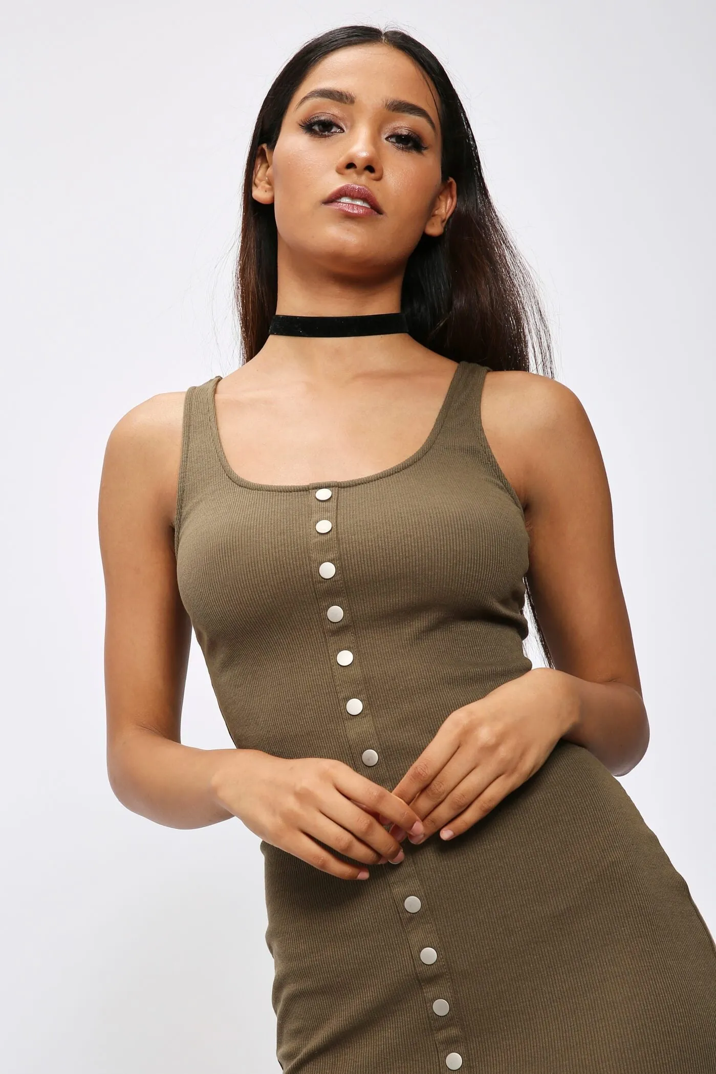Khaki Sleeveless Button Bodycon Midi Dress