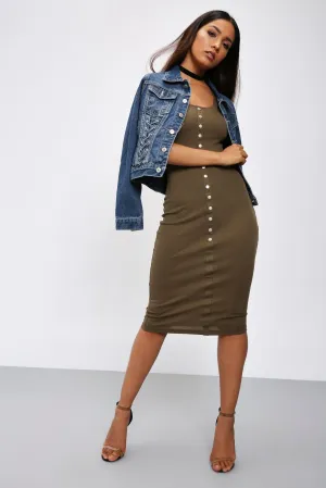 Khaki Sleeveless Button Bodycon Midi Dress