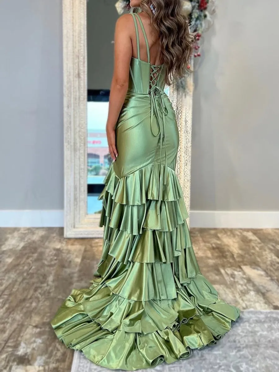 Kiran | Mermaid Sage V Neck Satin Long Prom Dress With Ruffle Skirt