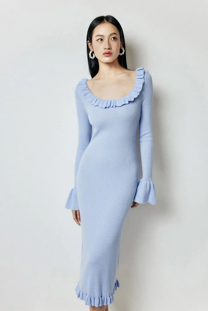 Knitted Ruffle Midi Dress in Blue