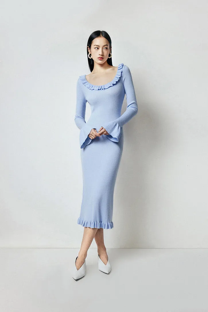 Knitted Ruffle Midi Dress in Blue