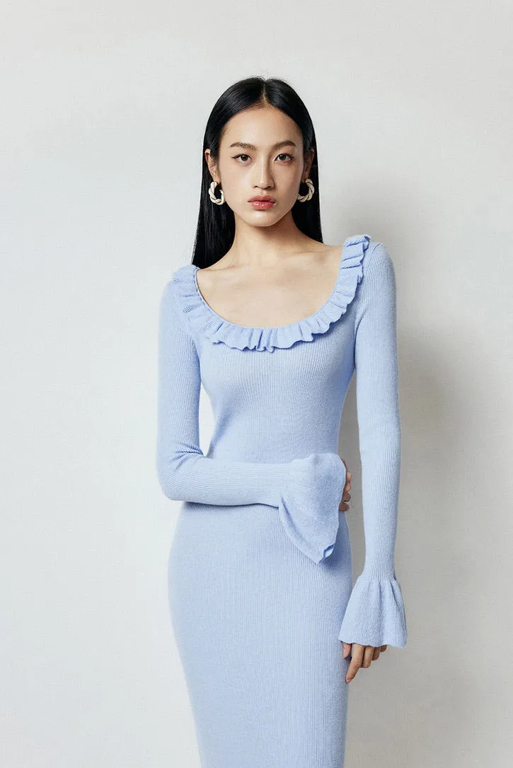 Knitted Ruffle Midi Dress in Blue