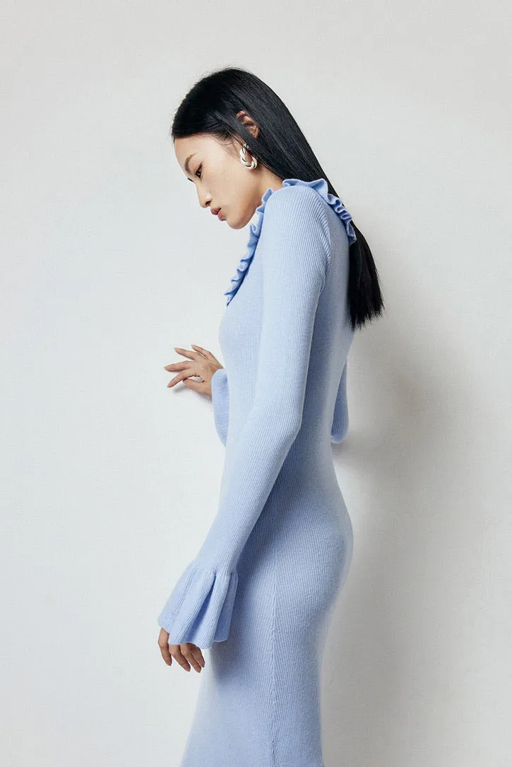 Knitted Ruffle Midi Dress in Blue