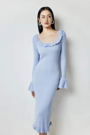 Knitted Ruffle Midi Dress in Blue