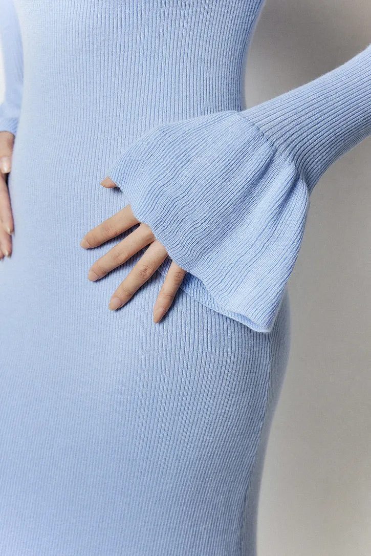 Knitted Ruffle Midi Dress in Blue