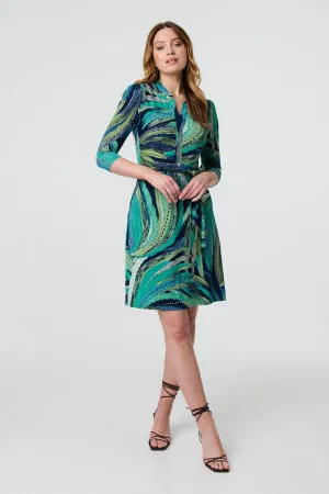 Leaf Print 3/4 Sleeve Short Wrap Dress