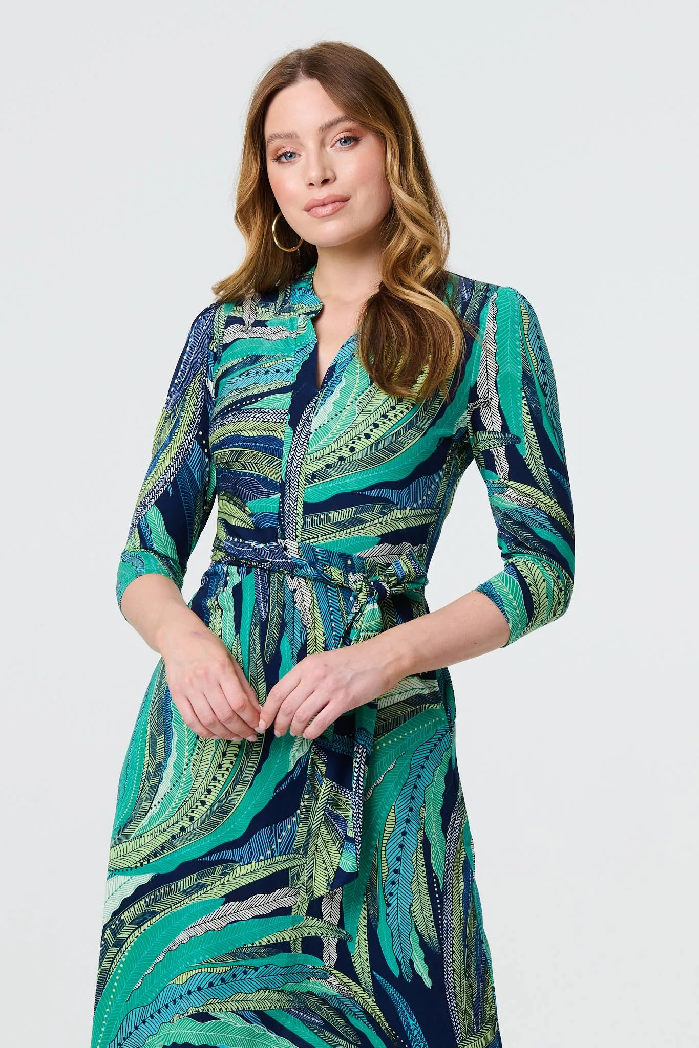 Leaf Print 3/4 Sleeve Short Wrap Dress