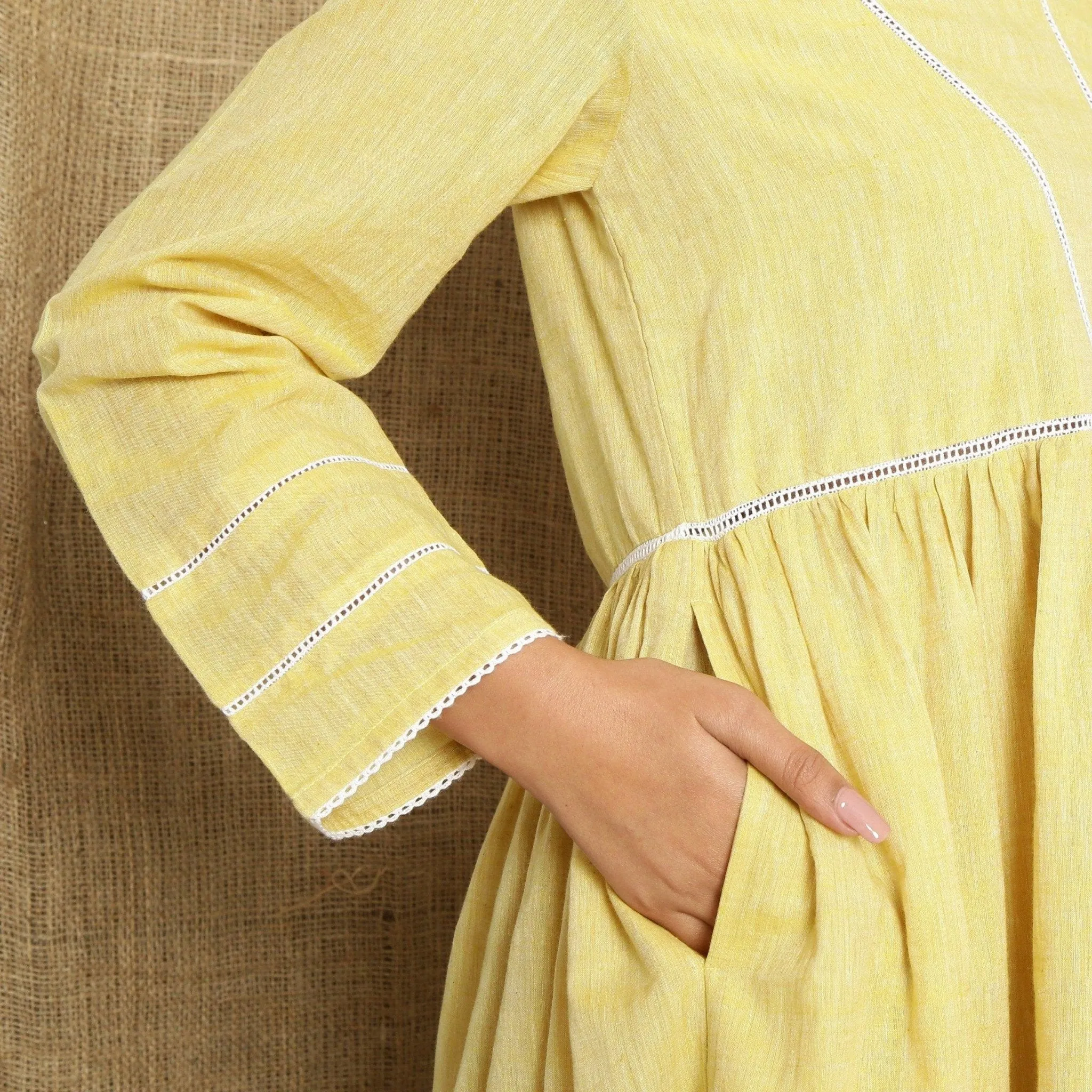 Light Yellow Handspun Cotton Midi Yoked Dress