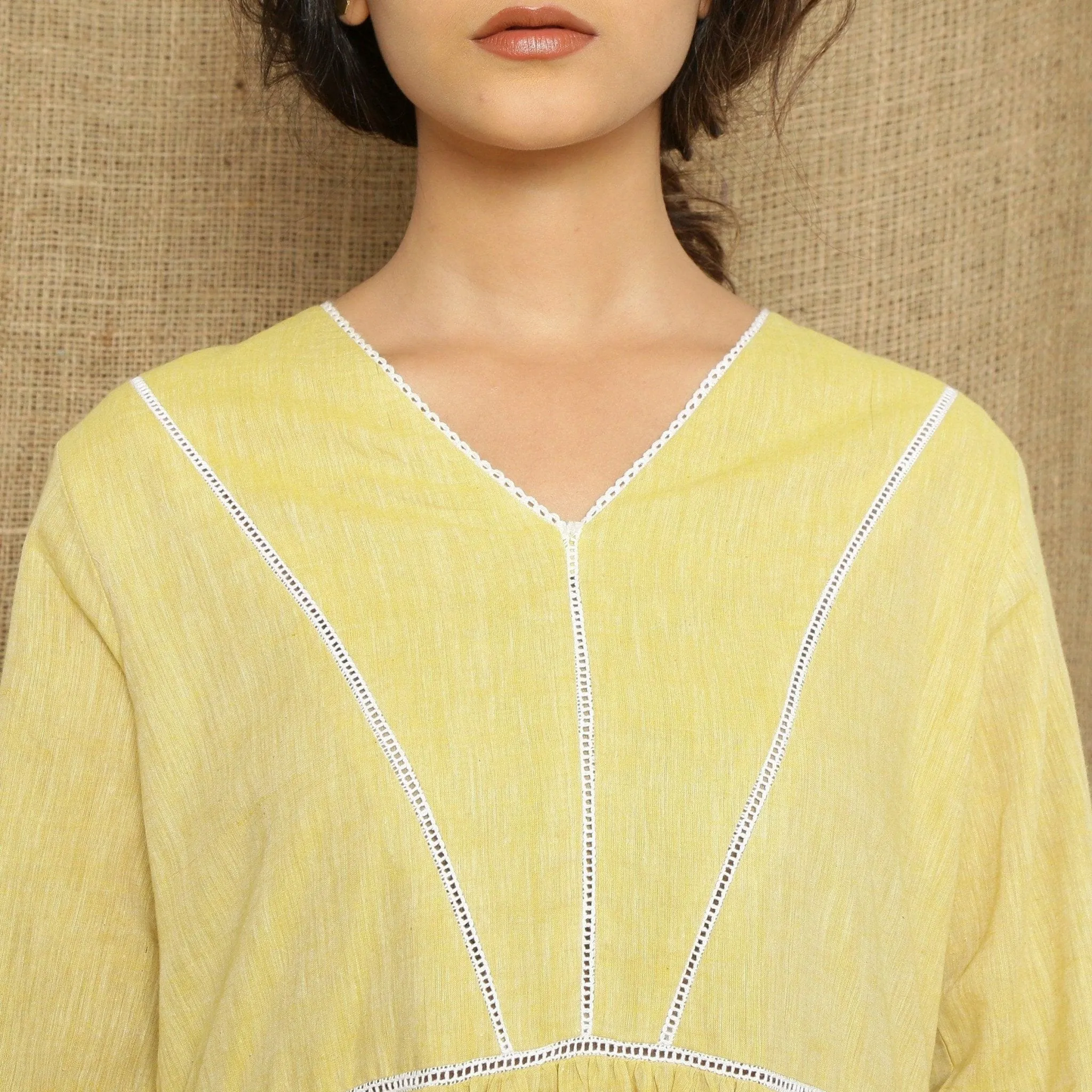 Light Yellow Handspun Cotton Midi Yoked Dress