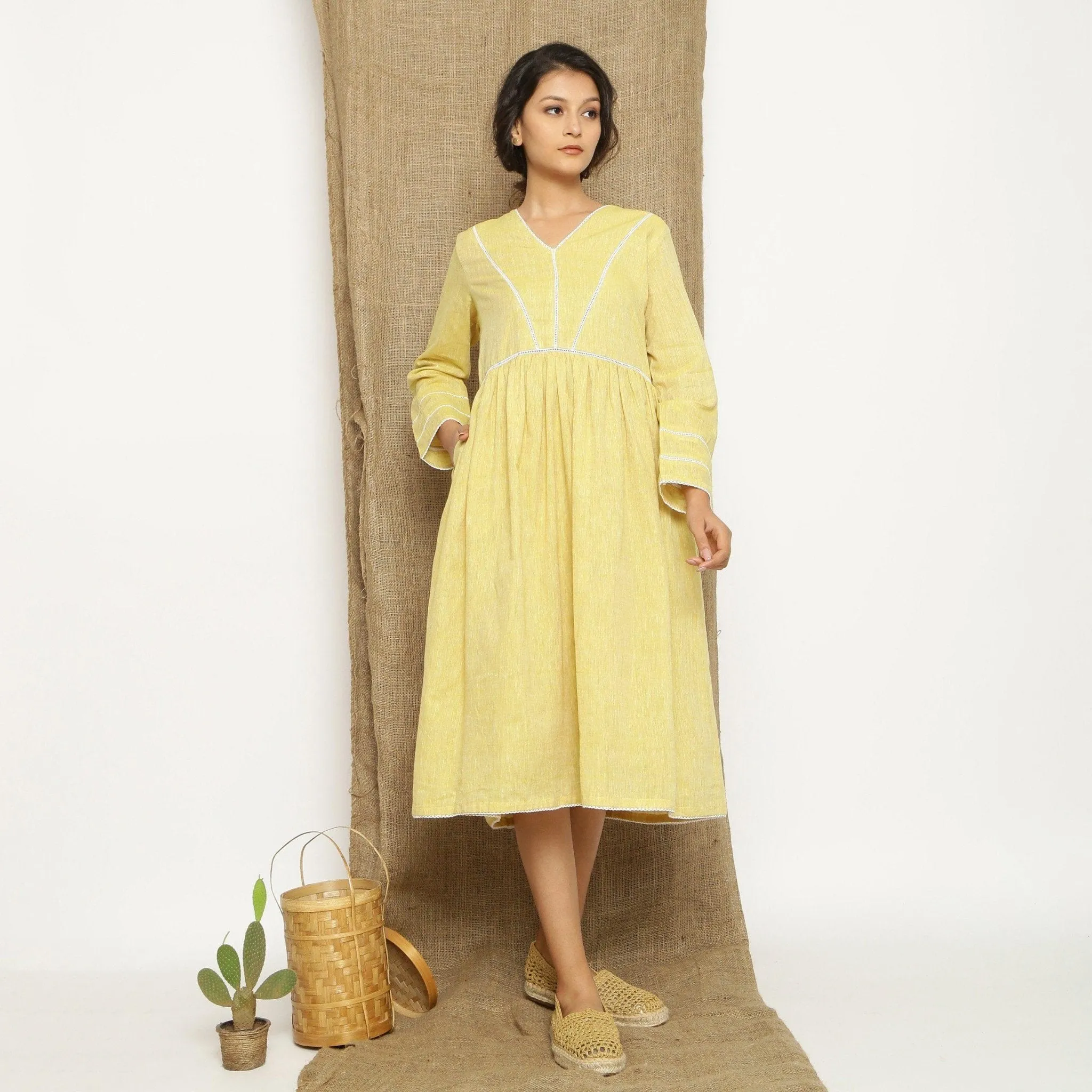 Light Yellow Handspun Cotton Midi Yoked Dress
