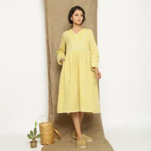 Light Yellow Handspun Cotton Midi Yoked Dress