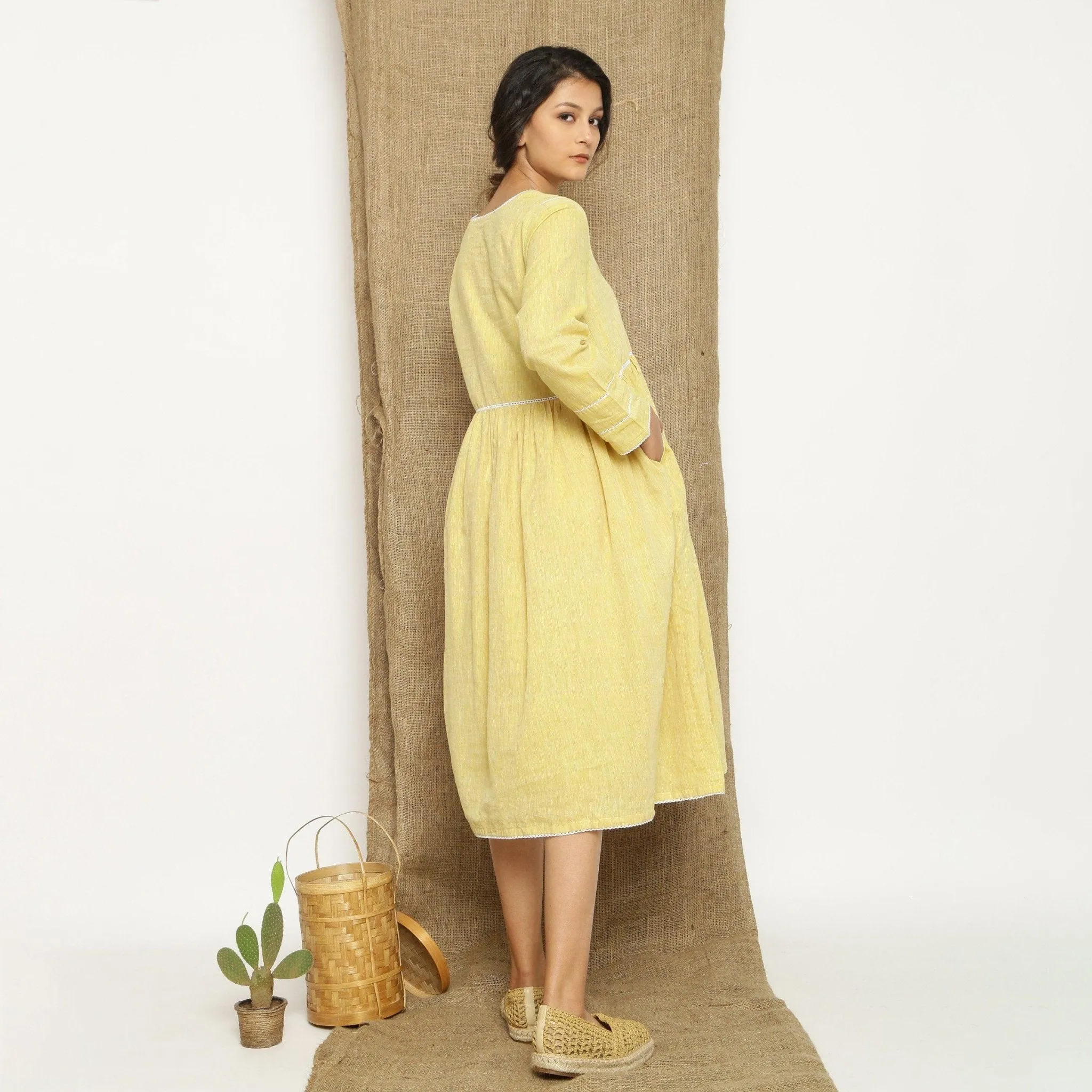 Light Yellow Handspun Cotton Midi Yoked Dress