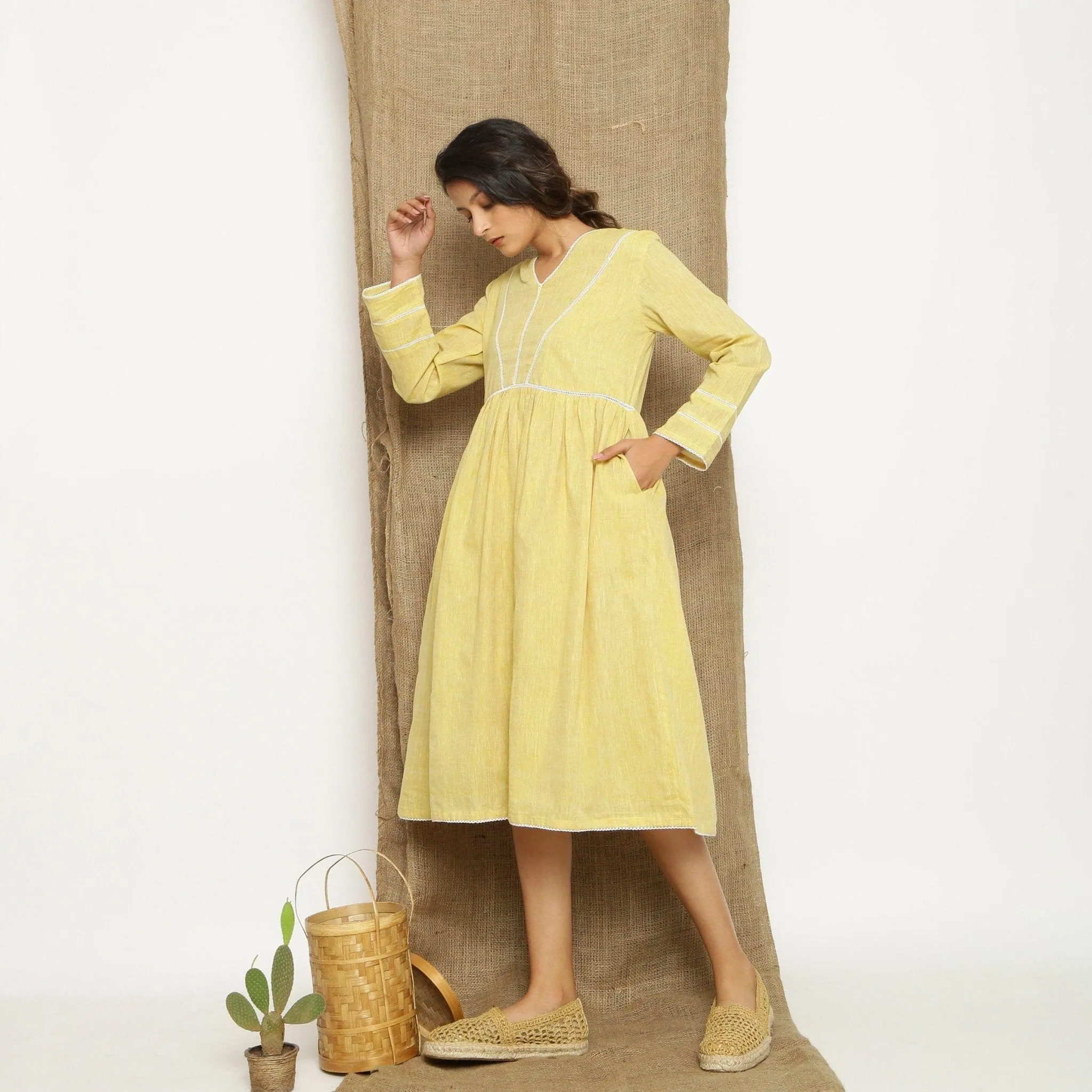 Light Yellow Handspun Cotton Midi Yoked Dress