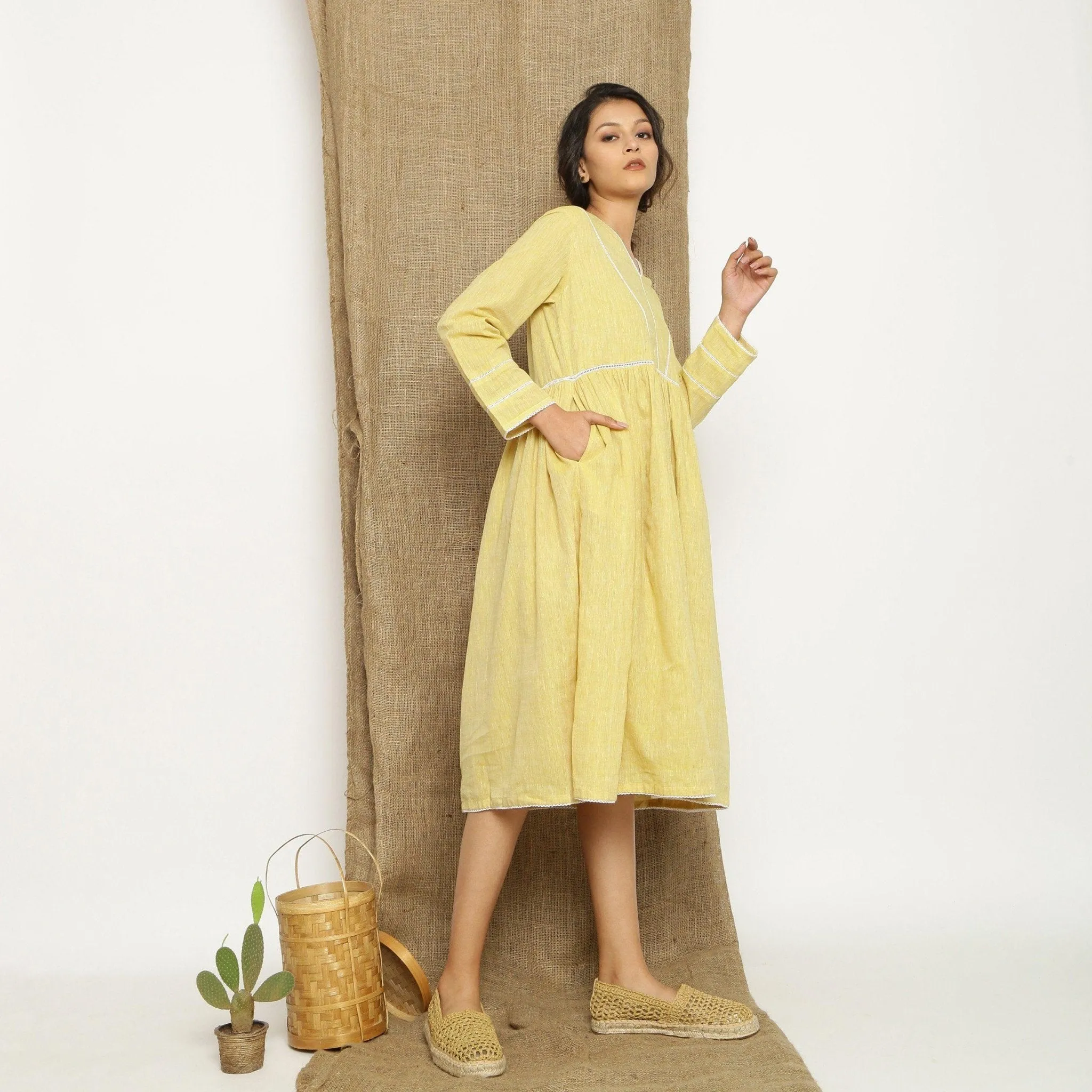 Light Yellow Handspun Cotton Midi Yoked Dress