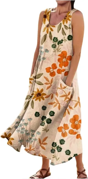 Linen Dress for Women 2024 Summer Flowy Tank Dress Printed Sleeveless Long Dress Casual Maxi Dresses with Pockets