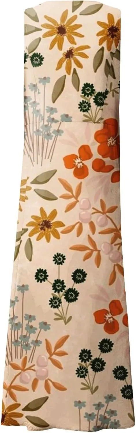 Linen Dress for Women 2024 Summer Flowy Tank Dress Printed Sleeveless Long Dress Casual Maxi Dresses with Pockets