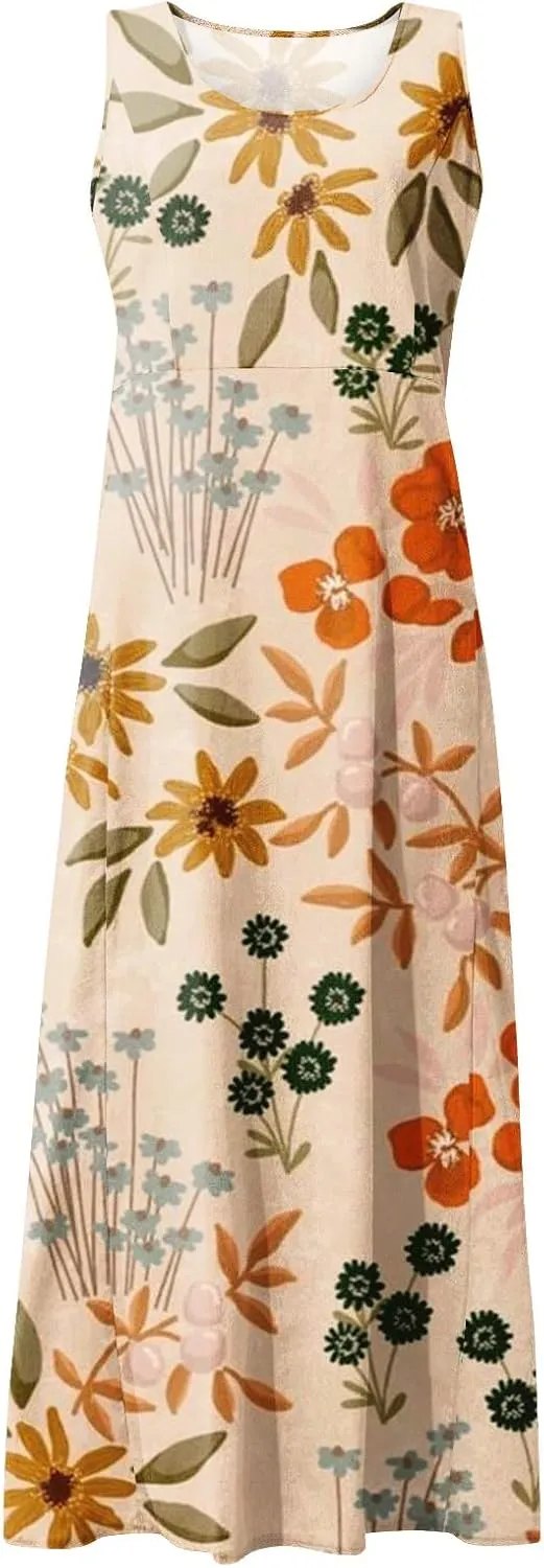 Linen Dress for Women 2024 Summer Flowy Tank Dress Printed Sleeveless Long Dress Casual Maxi Dresses with Pockets