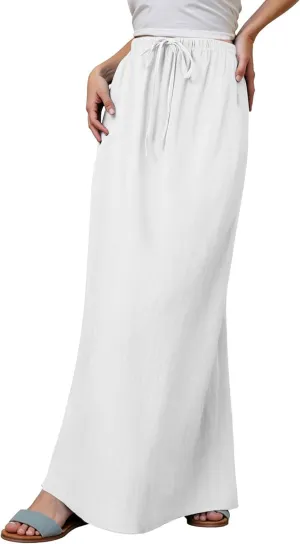 Linen Maxi Skirts for Women Summer Drawstring Waist A Line Skirts Cute Vacation Boho Beach Long Flowy Skirts