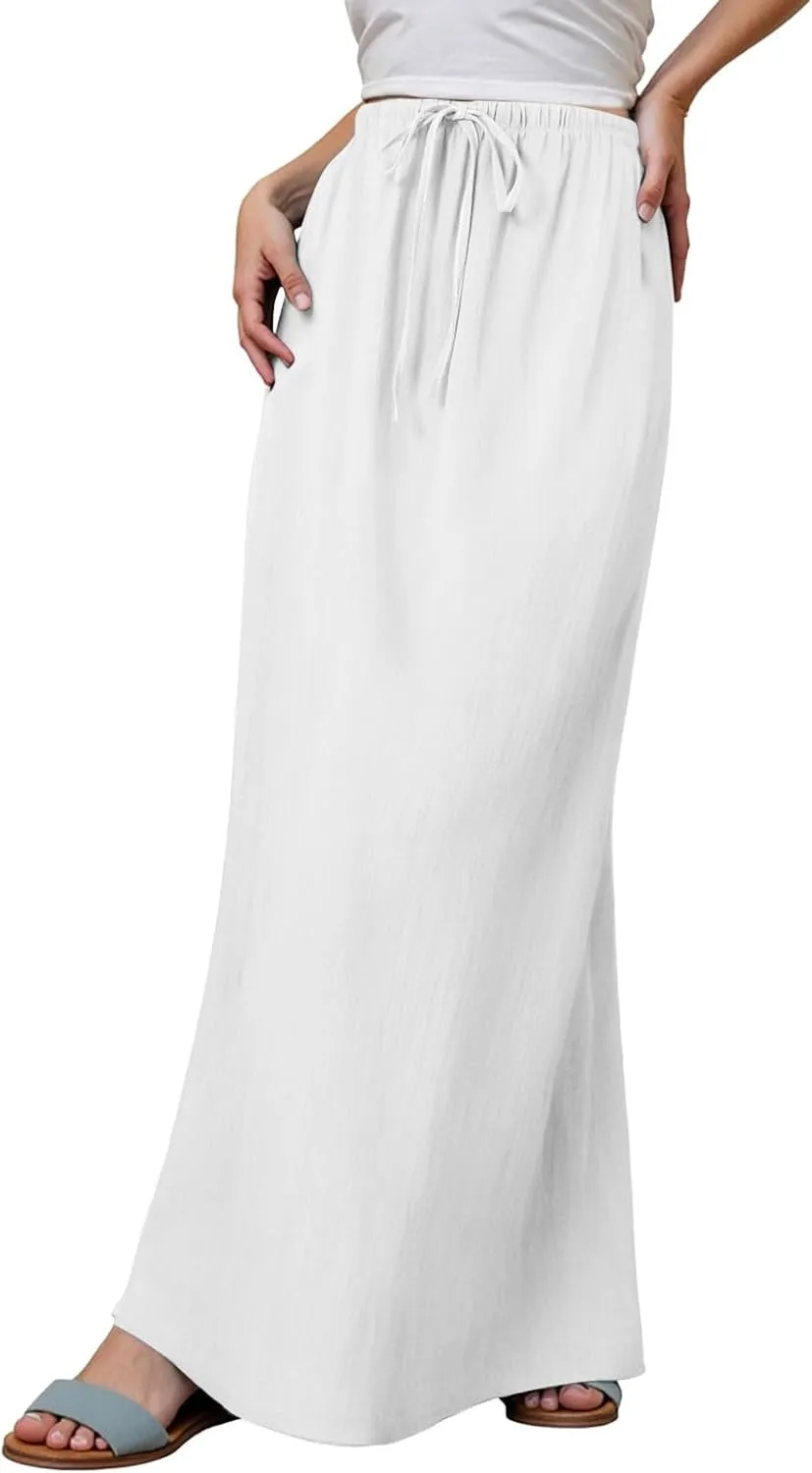 Linen Maxi Skirts for Women Summer Drawstring Waist A Line Skirts Cute Vacation Boho Beach Long Flowy Skirts