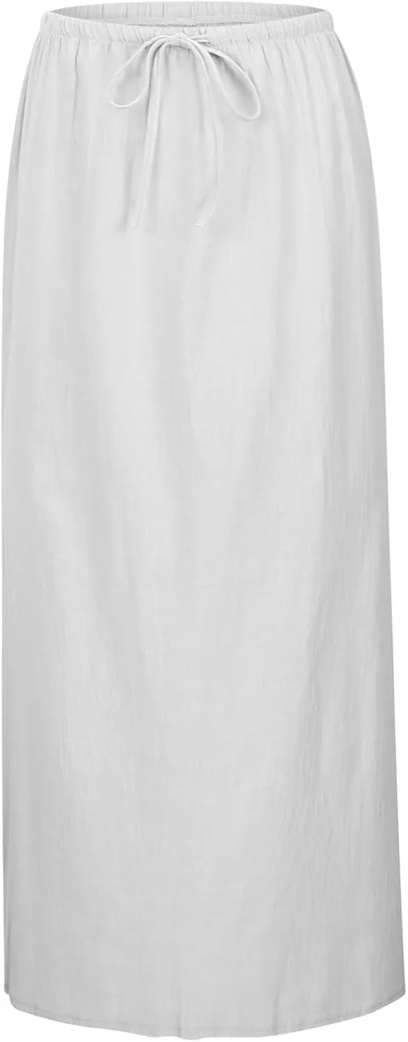Linen Maxi Skirts for Women Summer Drawstring Waist A Line Skirts Cute Vacation Boho Beach Long Flowy Skirts