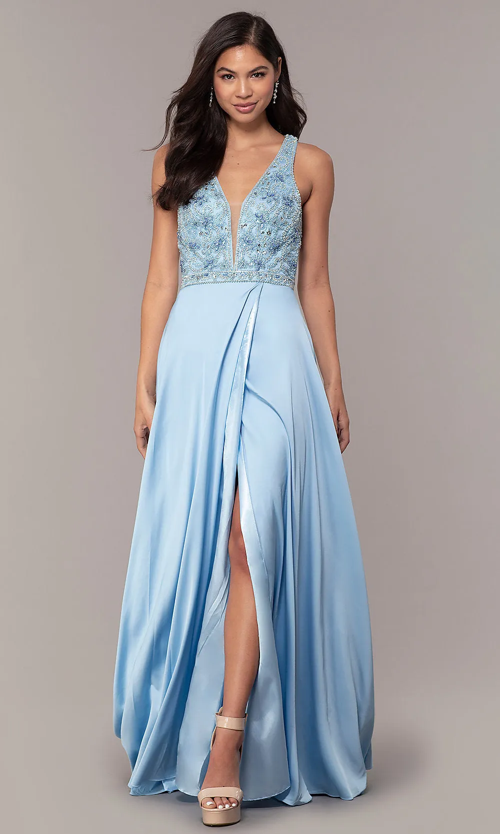 Long Faux-Wrap Formal Prom Dress with Beading