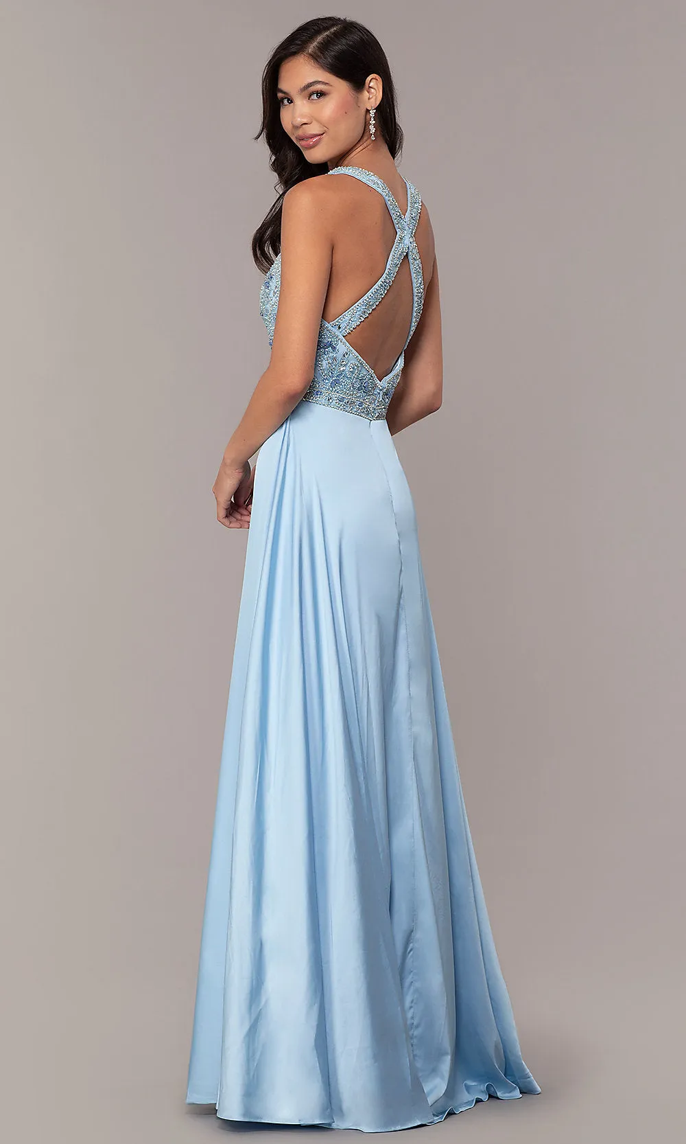 Long Faux-Wrap Formal Prom Dress with Beading