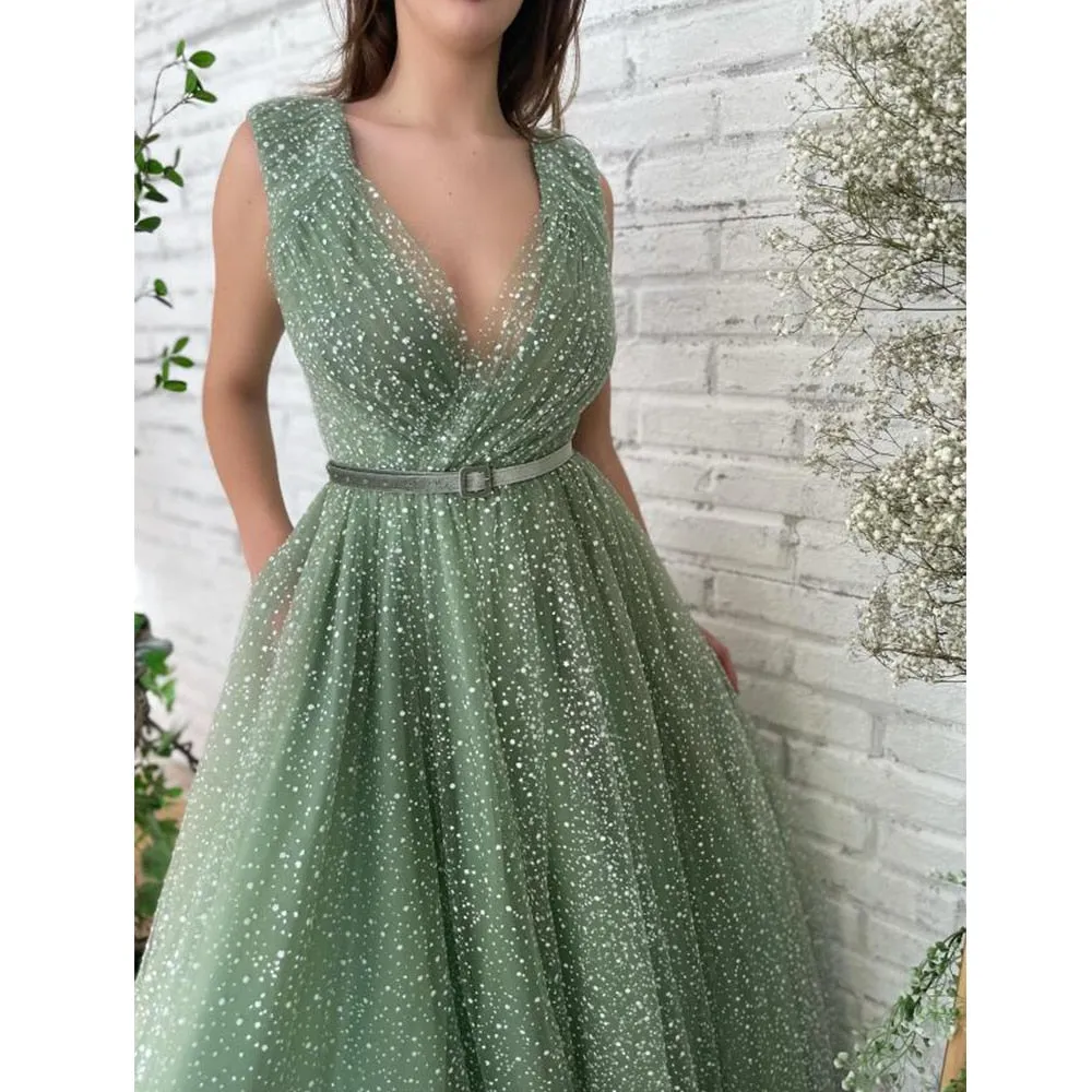 Luolandi Shiny A Line V Neck Tulle Pleats Prom Dresses Sexy Evening Dresses