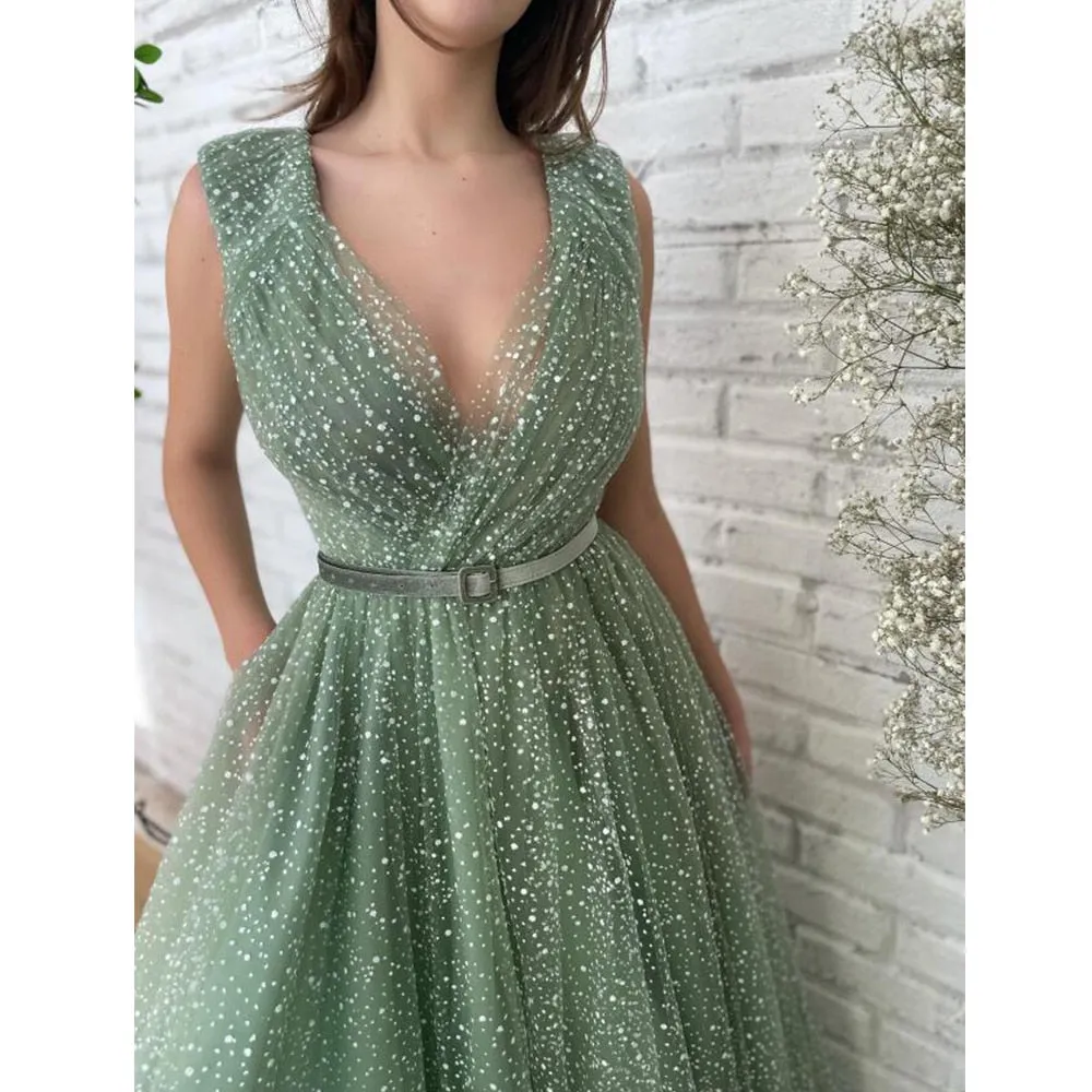 Luolandi Shiny A Line V Neck Tulle Pleats Prom Dresses Sexy Evening Dresses