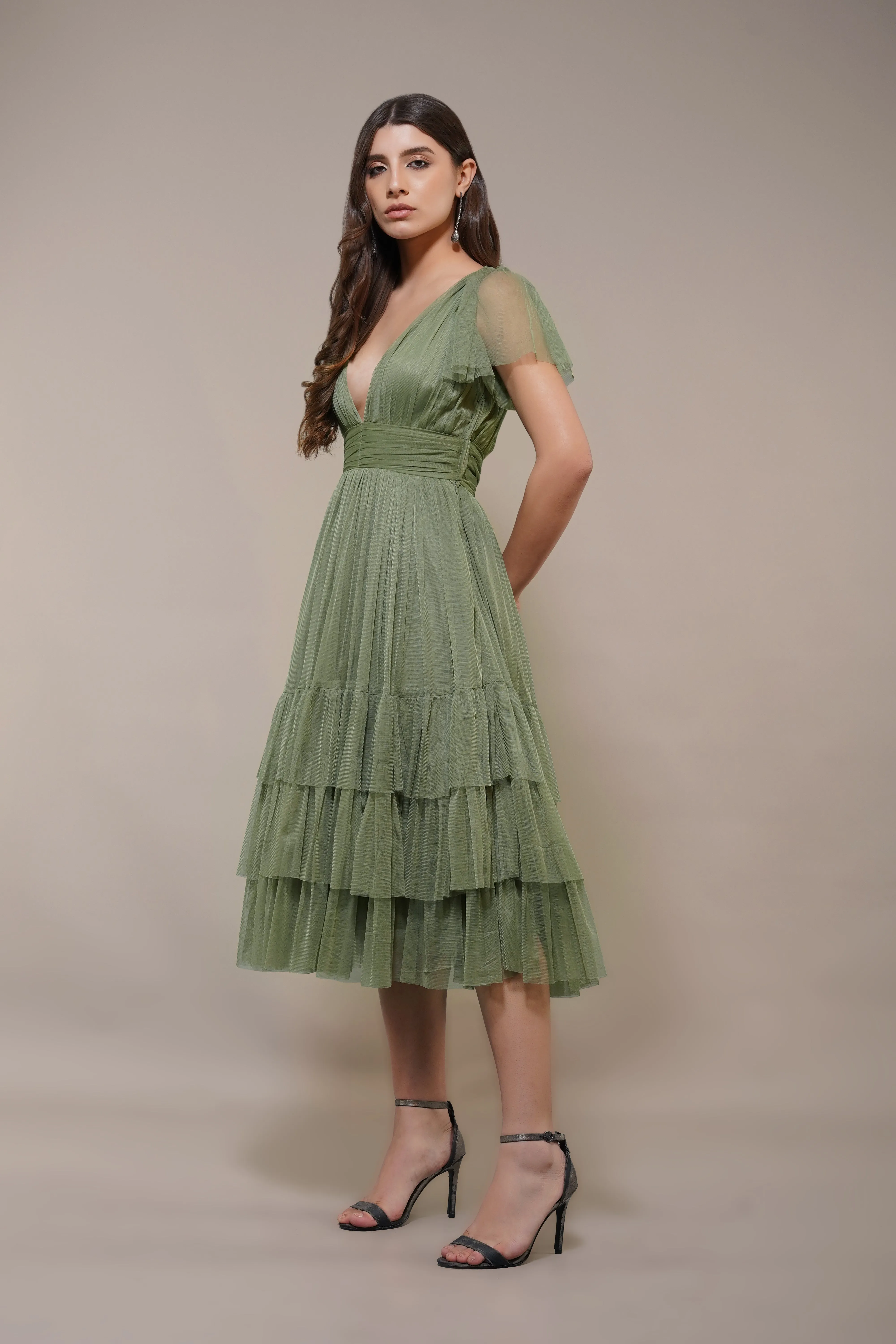 Madison Soft Olive Tulle Bridesmaid Midi Dress