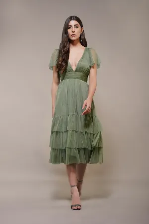 Madison Soft Olive Tulle Bridesmaid Midi Dress