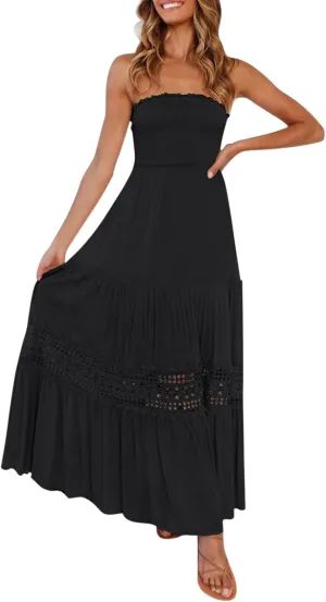 Maxi Dresses for Women Summer Bohemian Tube Strapless Sundress Off Shoulder Lace Trim Flowy A Line Beach Dress