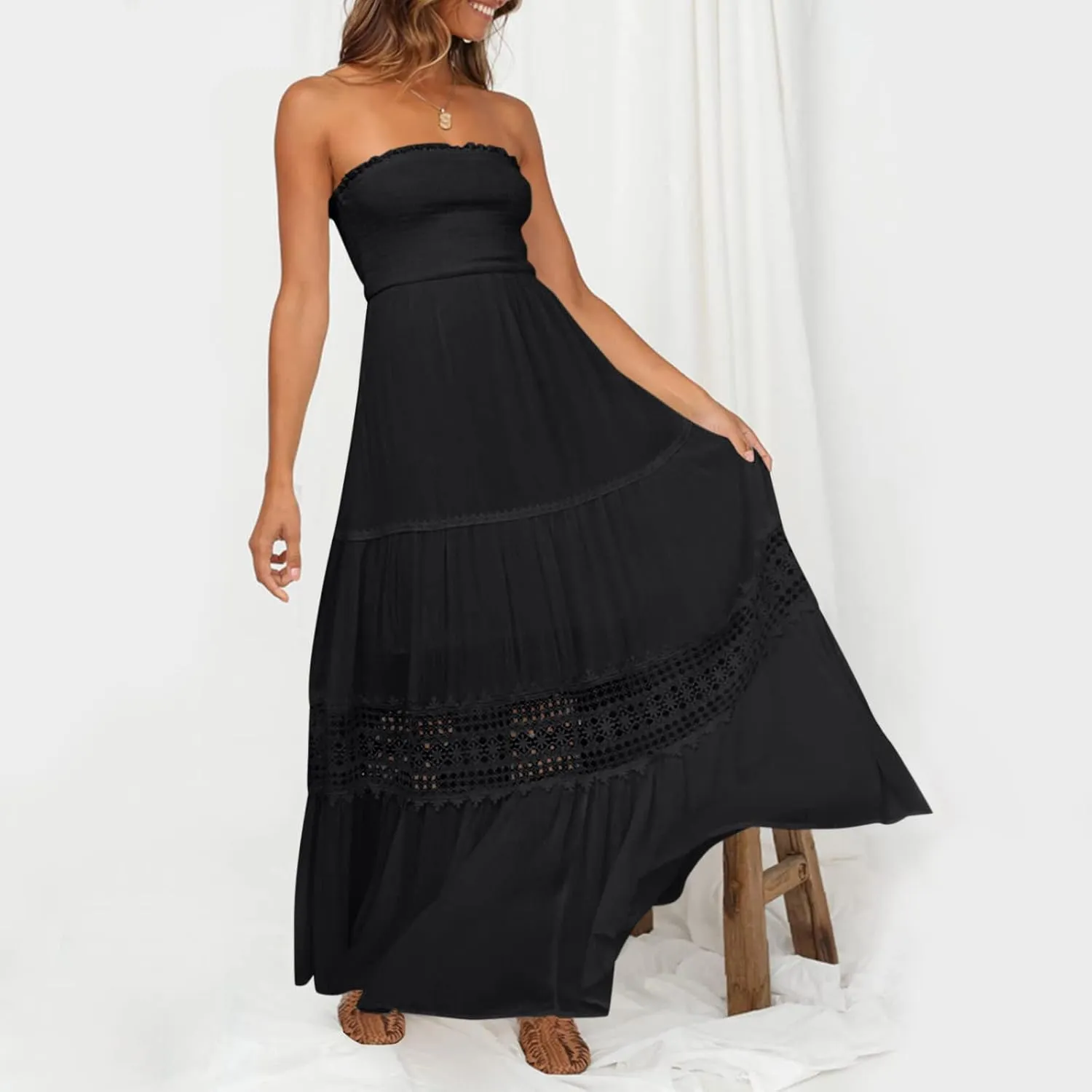 Maxi Dresses for Women Summer Bohemian Tube Strapless Sundress Off Shoulder Lace Trim Flowy A Line Beach Dress