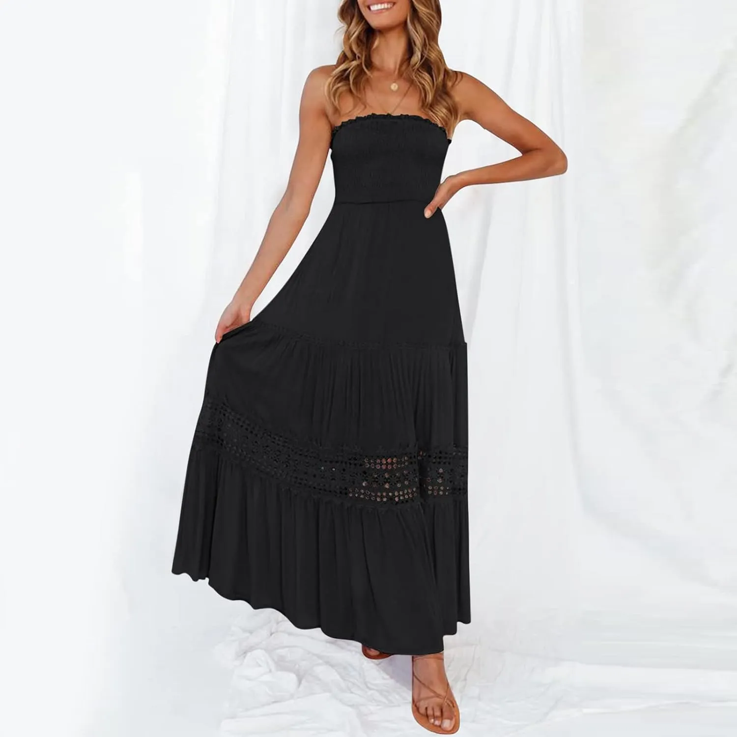 Maxi Dresses for Women Summer Bohemian Tube Strapless Sundress Off Shoulder Lace Trim Flowy A Line Beach Dress