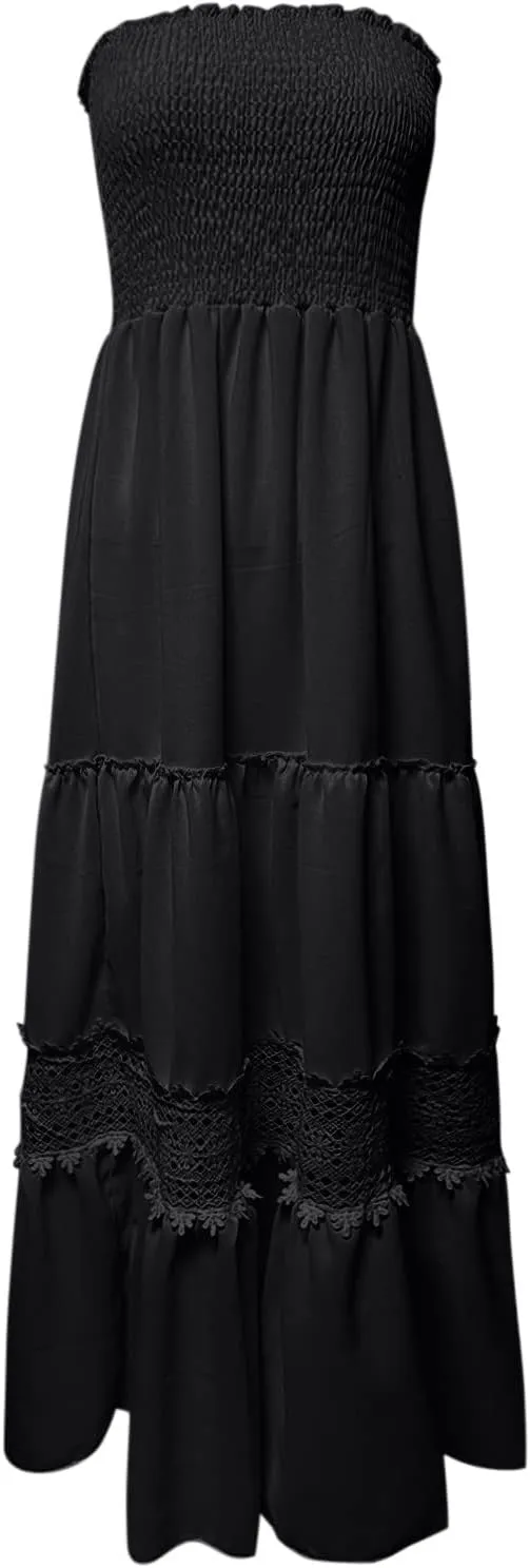 Maxi Dresses for Women Summer Bohemian Tube Strapless Sundress Off Shoulder Lace Trim Flowy A Line Beach Dress