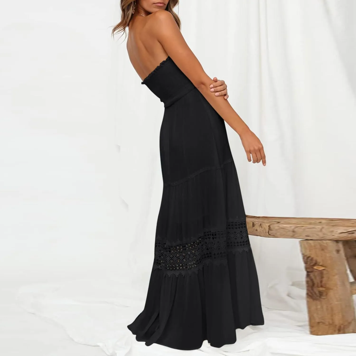 Maxi Dresses for Women Summer Bohemian Tube Strapless Sundress Off Shoulder Lace Trim Flowy A Line Beach Dress