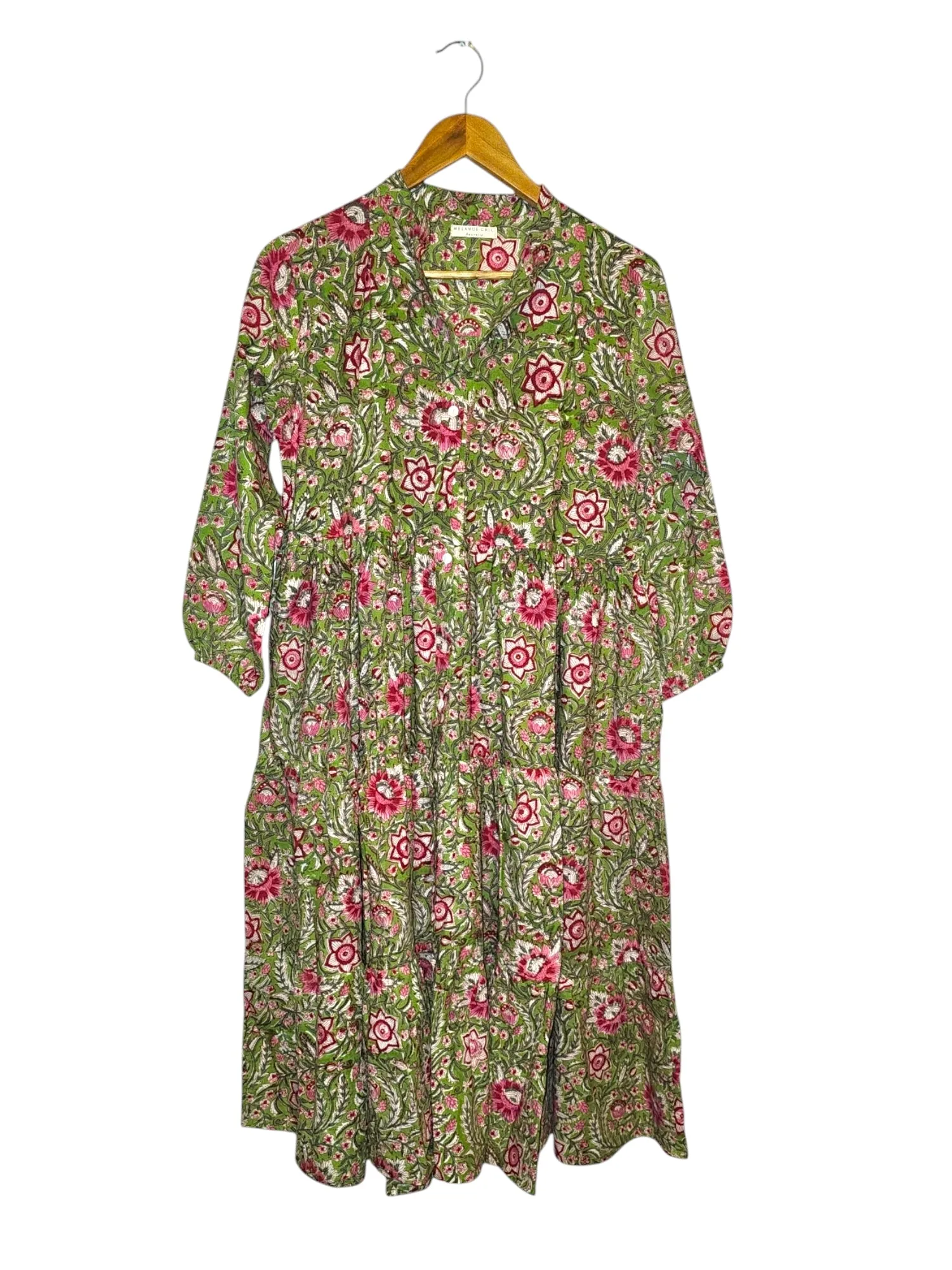 Melange - Indian Block Print Front Button Tiered Midi Dress - Sap Green/Pink Floral