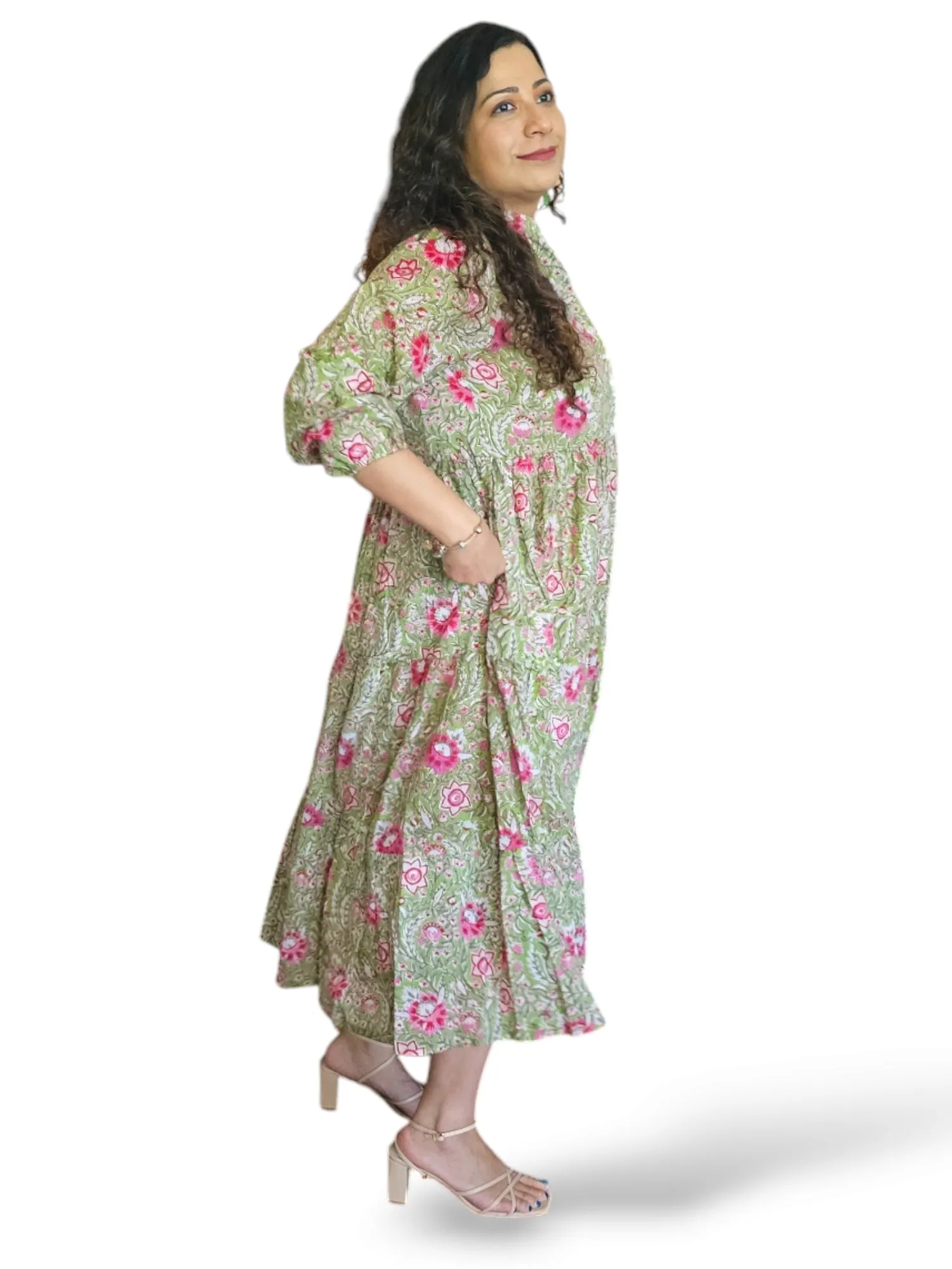 Melange - Indian Block Print Front Button Tiered Midi Dress - Sap Green/Pink Floral