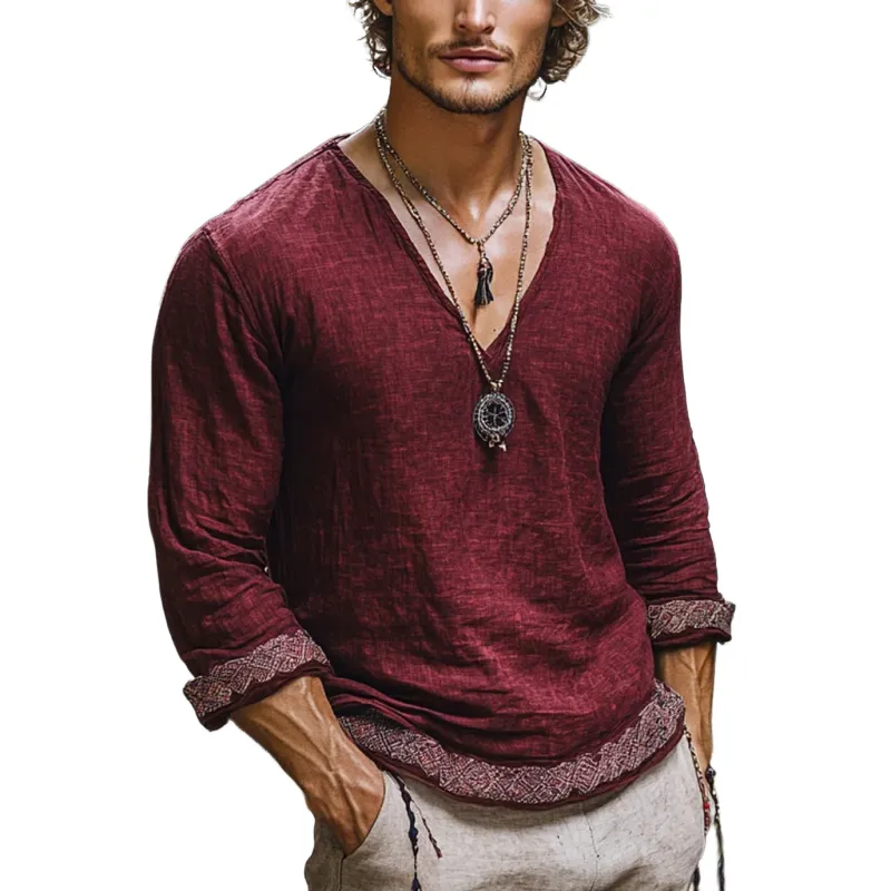 Men's Bohemian Print V Neck Long Sleeve Loose Fit Shirt 09299571Z